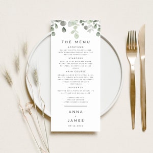 Hochzeitsmenükarten Vorlage, Eukalyptus Greenery Laub Hochzeit Brautdusche Brunch Abendessen Printable Bearbeitbare Download Vorlagen, #ANNA