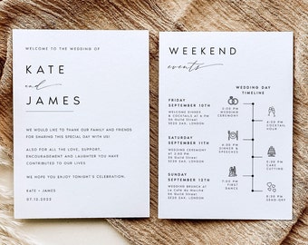 Modern Welcome Letter & Timeline Template, Minimalist Wedding Order of Events, Wedding Itinerary, INSTANT DOWNLOAD 100% Editable Text, #KATE