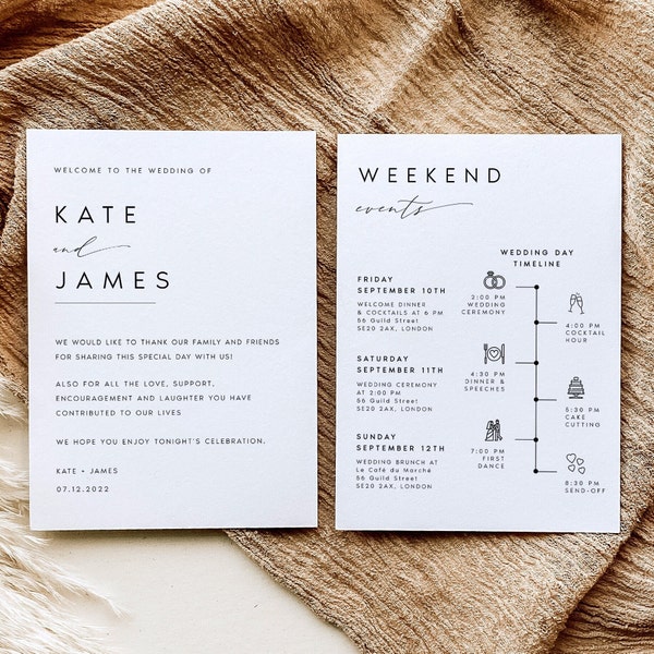 Carta de bienvenida moderna y plantilla de línea de tiempo, orden de eventos de boda minimalista, itinerario de boda, DESCARGA INSTANTE Texto 100% editable, #KATE