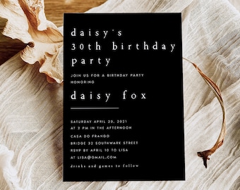 Modern Birthday Party Invitation Template, Black Birthday Party Invite, Minimalist, Digital Download, Instant Download, Editable, #DAISY