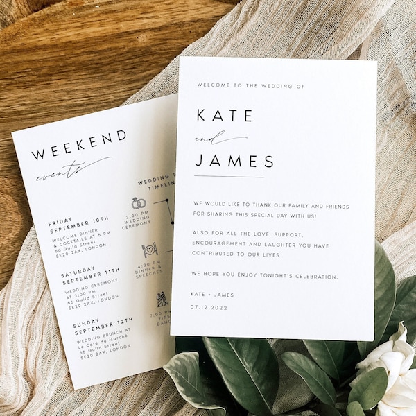 Modern Welcome Letter & Timeline Template, Minimalist Wedding Order of Events, Wedding Itinerary, INSTANT DOWNLOAD 100% Editable Text, #KATE