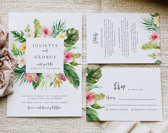 Tropical Wedding Invitation Template, Greenery, Beach Wedding, Printable, Invite, RSVP, Details, INSTANT DOWNLOAD, Editable, Foliage, #TR63S