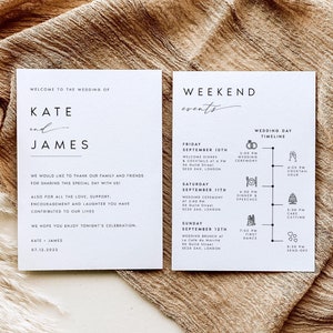 Itinerario de fin de semana de bodas IMPRESO, Programa de bodas de doble cara, Tarjeta con cronograma de eventos del fin de semana de bodas, Ceremonia de bodas, #KATE