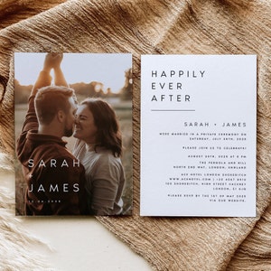 Plantilla de anuncio de boda con foto, anuncio minimalista de fuga con foto, invitación para una fiesta "Felices para siempre", invitación moderna para una recepción, #SRH