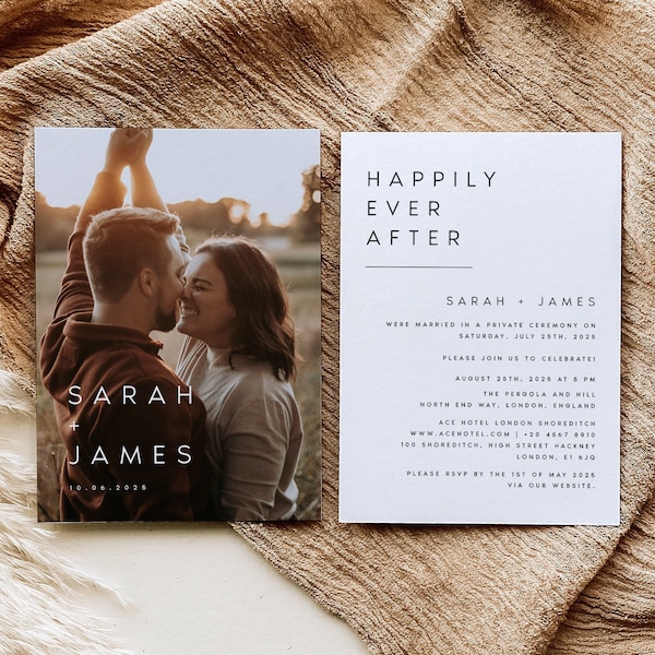 Photo Wedding Announcement Template, Minimalist Photo Elopement Announcement, Happily Ever After Party Invite, Modern Reception Invite, #SRH