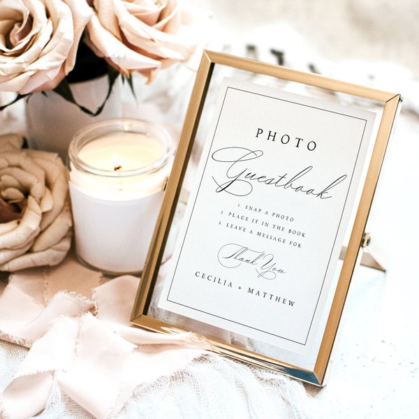 Classic Photo Guestbook Sign Template, Elegant & Border Calligraphy Editable Tabletop Sign, Printable, Instant Download, DIY, Templett, #CCL