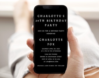 Black Modern Electronic Birthday Invitation, Online Birthday Celebration Invite, Digital Download Minimalist Text Message Evite, #CHRLT