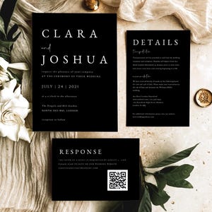 Black Wedding Invitation Set Digital Download, Black and White Wedding Invites Bundle, Modern Invitation Suite Template Qr Code, #BL69