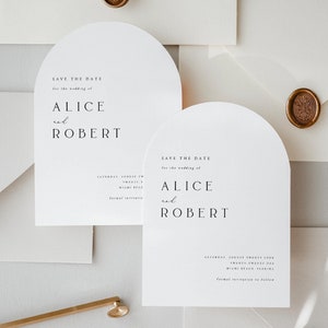 Gedruckte gewölbte Save the Date-Karten, minimalistische Bogen-Hochzeit Save the Date, Monochrome Einladungen, bogenförmige Hochzeitspapeterie, #ALC