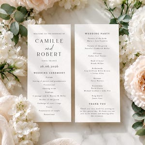 Peut inclure: Deux cartes de programme de mariage verticales blanches avec du texte noir à empattement. La carte de gauche indique Camille et Robert, Paris France, 26.06.2026, et le déroulement de la cérémonie. La droite liste les invités et un remerciement.