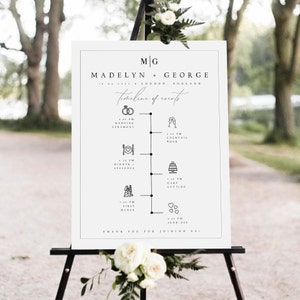 Modèle de signe de chronologie d'événements de mariage moderne, ordre minimal d'événements signe de chronologie de mariage, signe de mariage de chronologie imprimable, #MDLN