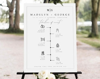 Modern Wedding Order of Events Timeline Sign Template, Minimal Order of Events Wedding Timeline Sign, Printable Timeline Wedding Sign, #MDLN