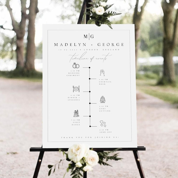 Plantilla de signo de línea de tiempo de orden de eventos de boda moderna, orden mínima de eventos Signo de línea de tiempo de boda, Signo de boda de línea de tiempo imprimible, #MDLN