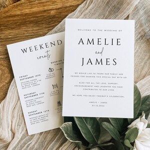 Modelo de carta de boas-vindas e cronograma moderno, ordem de eventos de casamento minimalista, itinerário de casamento, DOWNLOAD INSTANTÂNEO 100% editável, #AMELIE