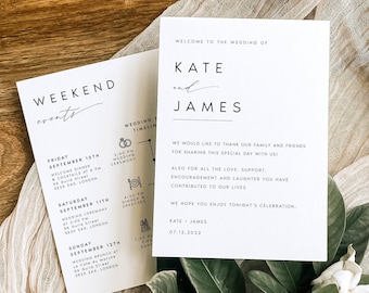 Modern Welcome Letter & Timeline Template, Minimalist Wedding Order of Events, Wedding Itinerary, INSTANT DOWNLOAD 100% Editable Text, #KATE