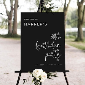 PRINTED Modern Calligraphy Black Birthday Welcome Sign, Printable Dark Birthday Welcome Sign, Minimalist Party Welcome Signs, #HARPR