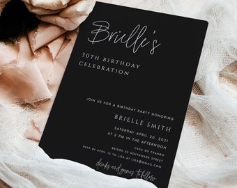 Modern Birthday Party Invitation Template, Black Birthday Party Invite, Minimalist, Digital Download, Instant Download, Editable, #BRLLE