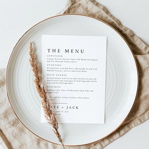 Plantilla de menú de boda minimalista, menú de cena de boda moderno, 5x7, imprimible, descarga digital, menú de cena de recepción, editable, hazlo tú mismo, #CATE