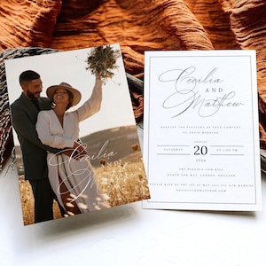 印刷済み + 発送済み モダンな写真入り結婚式招待状、写真入り結婚式招待状、ミニマリストでエレガントな結婚式招待状、無料封筒付き #CCL
