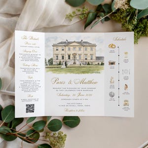 May include: A tri-fold wedding invitation featuring a watercolor illustration of a large stone estate. The text includes the names Paris & Matthew, the date Saturday, 26 June 2026, and a schedule of events with icons, plus a QR code at the bottom left.