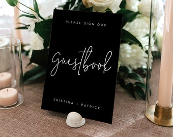 Black Wedding Guestbook Sign Template, Wedding Signs, Minimalist Editable Tabletop Sign, Printable, Instant Download, DIY, Templett, #KRST