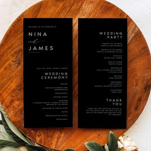 IMPRIMÉ + EXPÉDIÉ Programme de mariage moderne, ordre de service minimaliste, carte de programme de cérémonie noire, papier texturé de haute qualité, #NINA