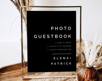 Photo Guestbook Sign Template, Modern, Script, Minimalist Editable Tabletop Sign, Black, Printable, Instant Download, DIY, Templett, #ELNA