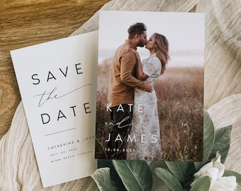 Double-Sided MODERN Photo Save the Date Template, Downloadable, Printable Save the Date, Editable, Instant Download, DIY, Templett, #KATE
