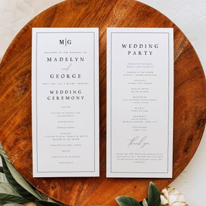 Programmasjabloon elegante bruiloft, minimalistische orde van dienst, afdrukbare ceremonie, doe-het-zelfprogrammakaart, direct downloaden, bewerkbare tekst, #MDLN