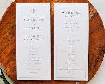 Elegant Wedding Program Template, Minimalist Order of Service, Printable Ceremony, DIY Program Card, Instant Download, Editable Text, #MDLN