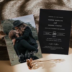 Modern Photo Wedding Invitation Set, Black Minimalist Wedding Invite, Editable Template, Instant Download, DIY, Printable Invite, #HARPR