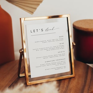 Plantilla de menú de barra de bodas moderna, menú de barra minimalista 8x10, signo de boda Plantilla imprimible de signo de bebida de boda Templett EDITABLE #KATE