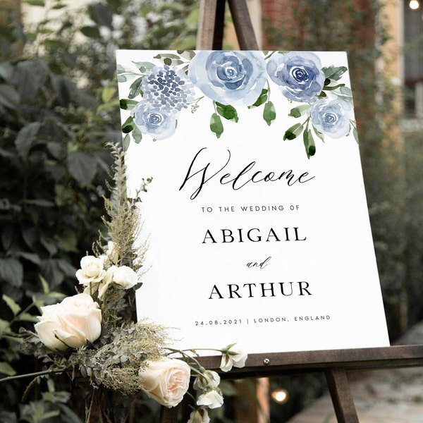 Pale Blue Wedding Welcome Sign, Floral Wedding Sign, Portrait, Wedding Signs, Large Wedding Sign, Winter Welcome Sign, Dusty Blue, #ABGL