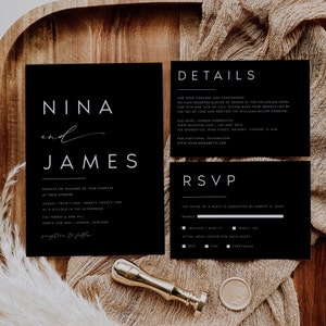 Modèle de faire-part de mariage moderne, minimaliste, modèle modifiable noir, téléchargement instantané, invitation, RSVP, carte de détails, Templett, #NINA