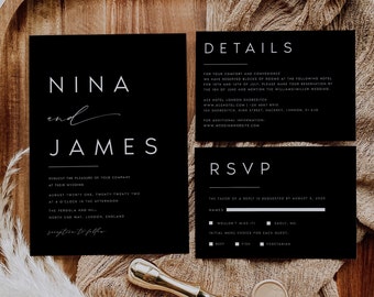 Modern Wedding Invitation Set Template, Minimalist, Black Editable Template, INSTANT Download, Invite, RSVP, Details Card, Templett, #NINA