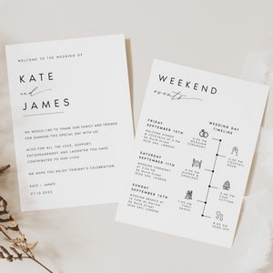 Wedding Itinerary Timeline Card Template, Printable Itinerary Template, Wedding Timeline, Modern Wedding Weekend Itinerary Template, #KATE