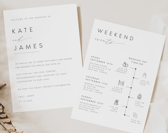 Wedding Itinerary Timeline Card Template, Printable Itinerary Template, Wedding Timeline, Modern Wedding Weekend Itinerary Template, #KATE