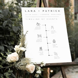 モダンな結婚式のイベント順序のタイムライン サイン テンプレート、最小限のイベント順序の結婚式のタイムライン サイン、印刷可能なタイムラインの結婚式のサイン、#LARA