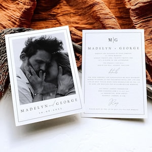 May include: Wedding invitation with a black and white photo of a couple embracing. The invitation reads "Madelyn and George 10.06.2025" and includes details about the wedding ceremony and reception.