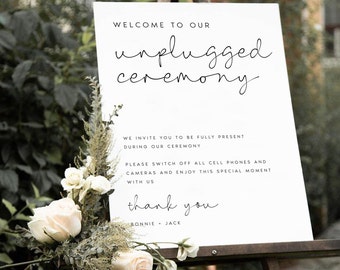 Unplugged Ceremony Sign Template, Modern Calligraphy, Unplugged Wedding Sign, Printable, Editable, Portrait, Digital Download, #BONNIE