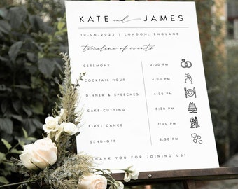 Modern Wedding Order of Events Timeline Sign Template, Minimal Order of Events Wedding Timeline Sign, Printable Timeline Wedding Sign, #KATE