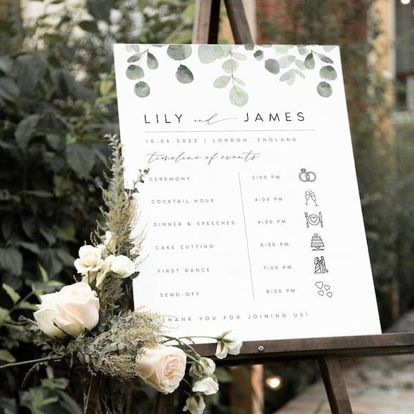 Eucalyptus Wedding Order of Events Timeline Sign Template, Order of Events Wedding Timeline Sign, Printable Timeline Wedding Sign, #LILY