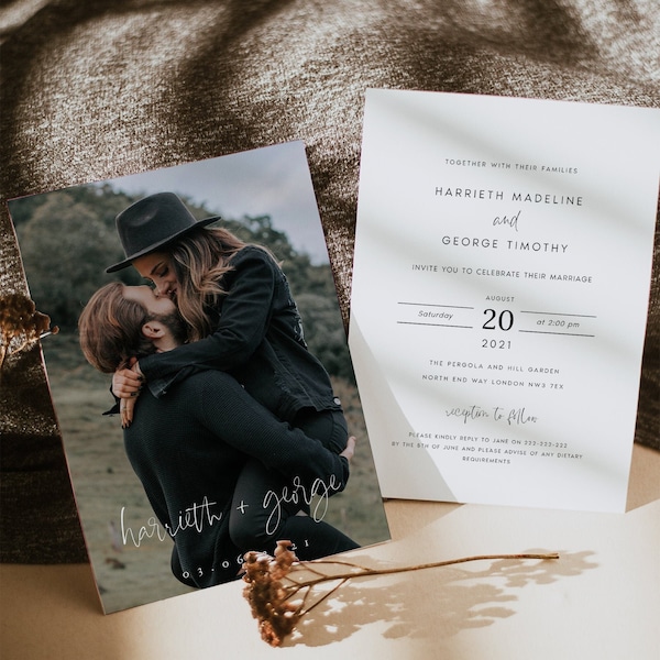 Modern Photo Wedding Invitation Set, Simple Minimal Wedding Invite, Editable Template, Instant Download, DIY, Printable Invite, #HARTH