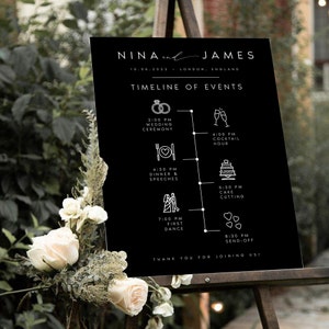 May include: A black wedding sign with white text, displaying a timeline of events for Nina and James' wedding in London. The sign includes the date, time, and event details, such as the ceremony, cocktail hour, dinner, cake cutting, and first dance.