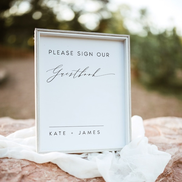 Modern Guestbook Sign Template, Script Wedding Signs, Minimalist Editable Tabletop Sign, Printable, Instant Download, DIY, Templett, #KATE