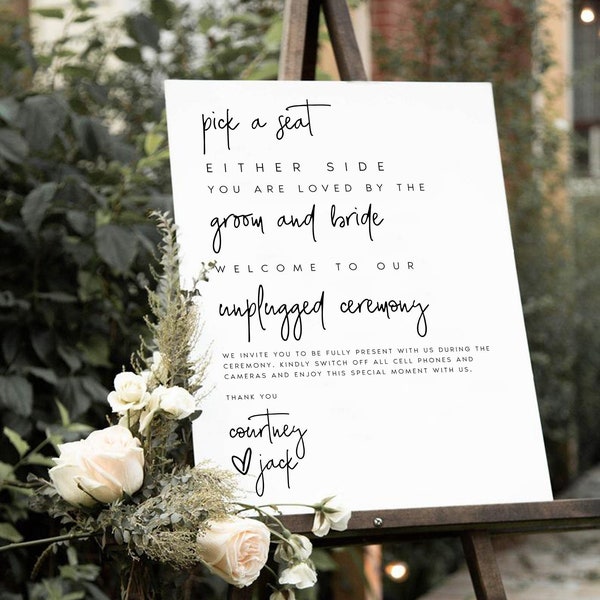 Pick a Seat Unplugged Wedding Ceremony Sign, No Pictures, No Photos Please, Wedding Welcome Sign Template 100% Editable, Templett, #CRTNY
