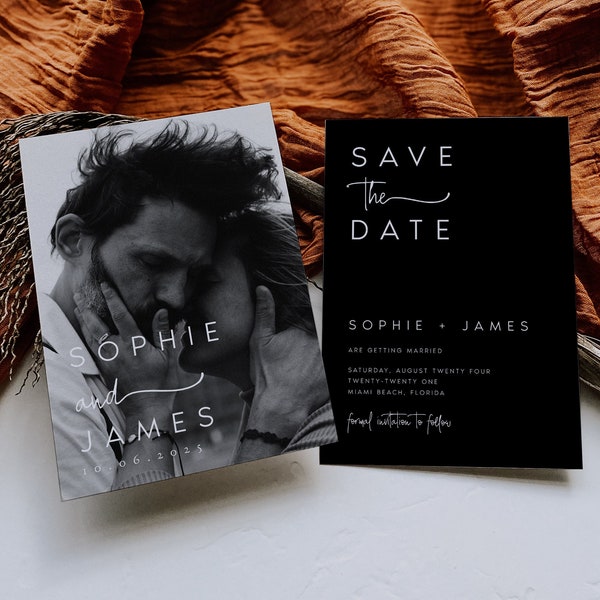 Double-Sided Black Photo Save the Date Template, Downloadable, Printable Save the Date, Editable, Instant Download, DIY, Templett, #SPHIE