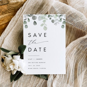 Speichern Sie die Datumsvorlage, Greenery Eukalyptus minimalistisch, bearbeitbar druckbar Speichern Sie das Datum, speichern Sie unser Datum, Templett, Sofort-Download, #LILY