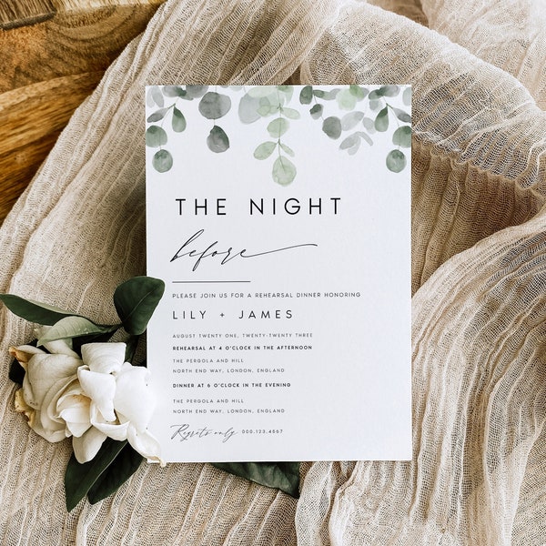 Eucalyptus Rehearsal Dinner Invitation Template, Greenery Minimalist Wedding Rehearsal Invite, Dinner Invite, Editable Template, DIY, #LILY