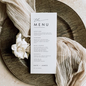 Modèle de menu de mariage de script moderne, menu de dîner de mariage minimaliste, imprimable, téléchargement numérique, menu de dîner de réception modifiable, bricolage, #KATE